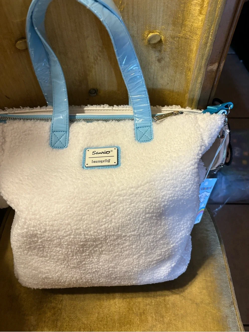 Loungefly White Plush Cinnamoroll Tote with Light Blue Handles and Pink Accent